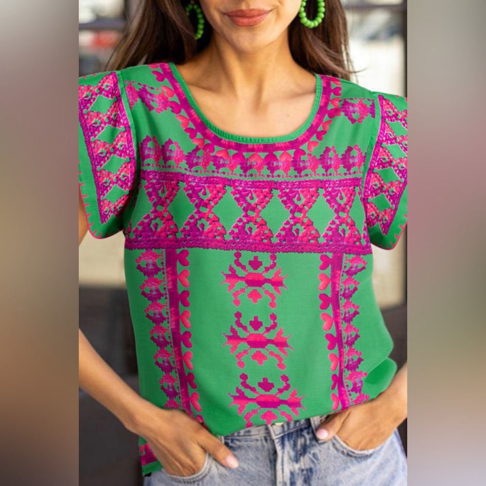 NWT Rose Pink & Green Printed Boho Abstract Cap Short Sleeve Blouse Small Medium - Picture 3 of 6